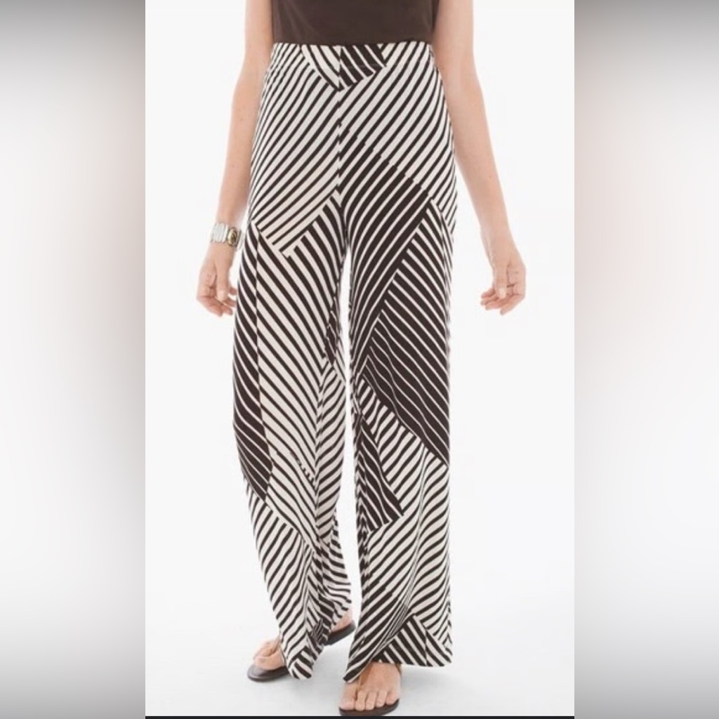 Chico's Brown And White Patch Stripe Wide Leg Printed Palazzo Pant